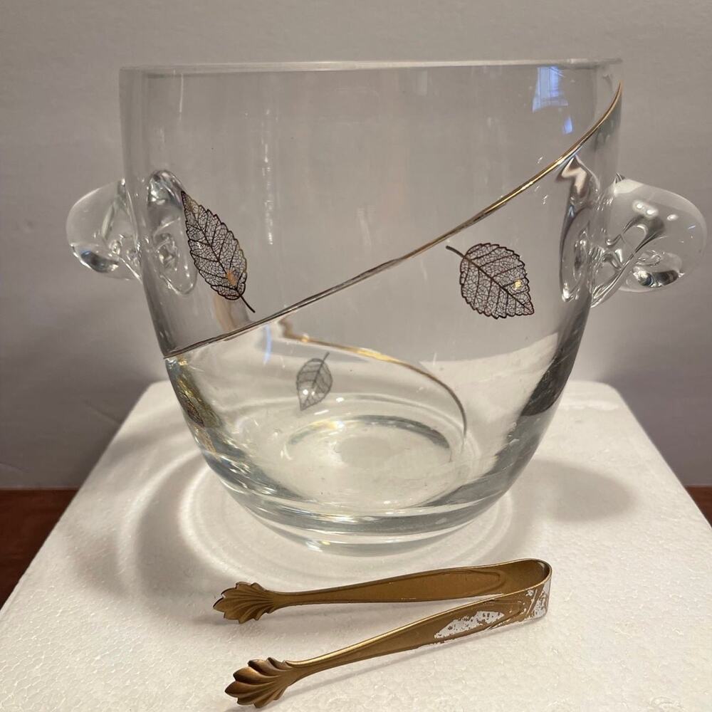 Vintage Crystal glass ice bucket gold Leaf design cocktail party